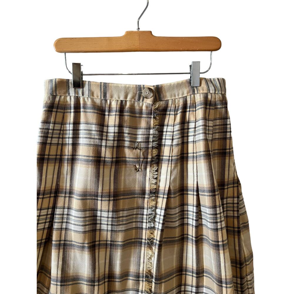 Vintage 80s JH Collectibles Pleated Kilt Pin Skirt Cream Plaid Print - Picture 2 of 5